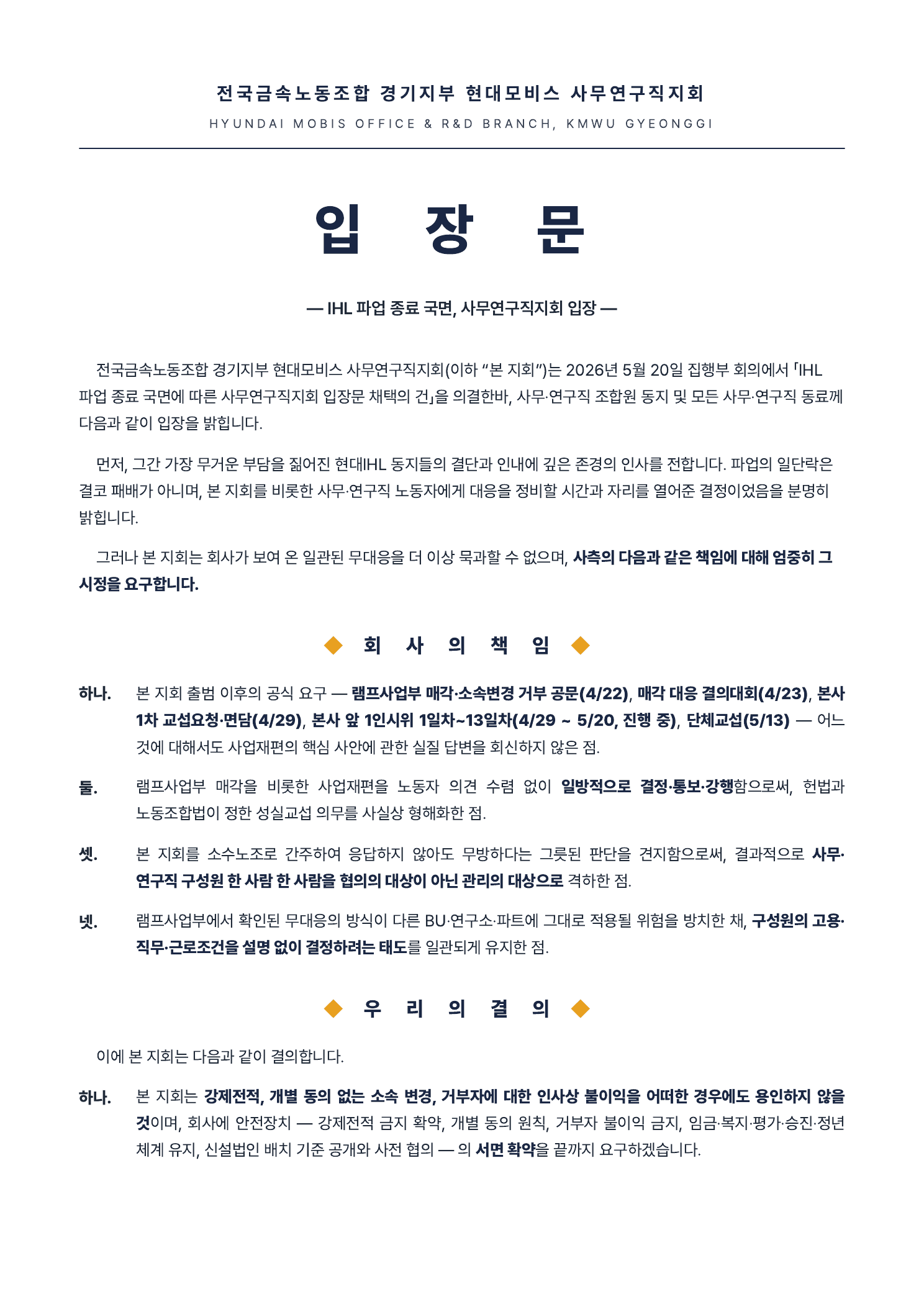 입장문 1페이지 — 회사의 책임 4개항: (1) 4/22 공문, 4/23 결의대회, 4/29 면담, 4/29~5/20 1인시위, 5/13 단체교섭에 대한 사측 무응답. (2) 사업재편 일방 결정·통보·강행으로 성실교섭 의무 형해화. (3) 소수노조 간주로 사무·연구직 한 명 한 명을 관리 대상으로 격하. (4) 다른 BU·연구소·파트에도 무대응 방식 적용 위험 방치. 우리의 결의: (1) 강제전적·개별 동의 없는 소속변경·거부자 불이익 어떠한 경우에도 용인하지 않음, 안전장치(강제전적 금지 확약, 개별 동의 원칙, 거부자 불이익 금지, 임금·복지·평가·승진·정년 체계 유지, 신설법인 배치 기준 공개와 사전 협의) 서면 확약 요구. (2) 금속노조법률원과 위법·부당성 기록·축적, 부당노동행위 구제신청·가처분·노동부 진정 등 검토·진행.
